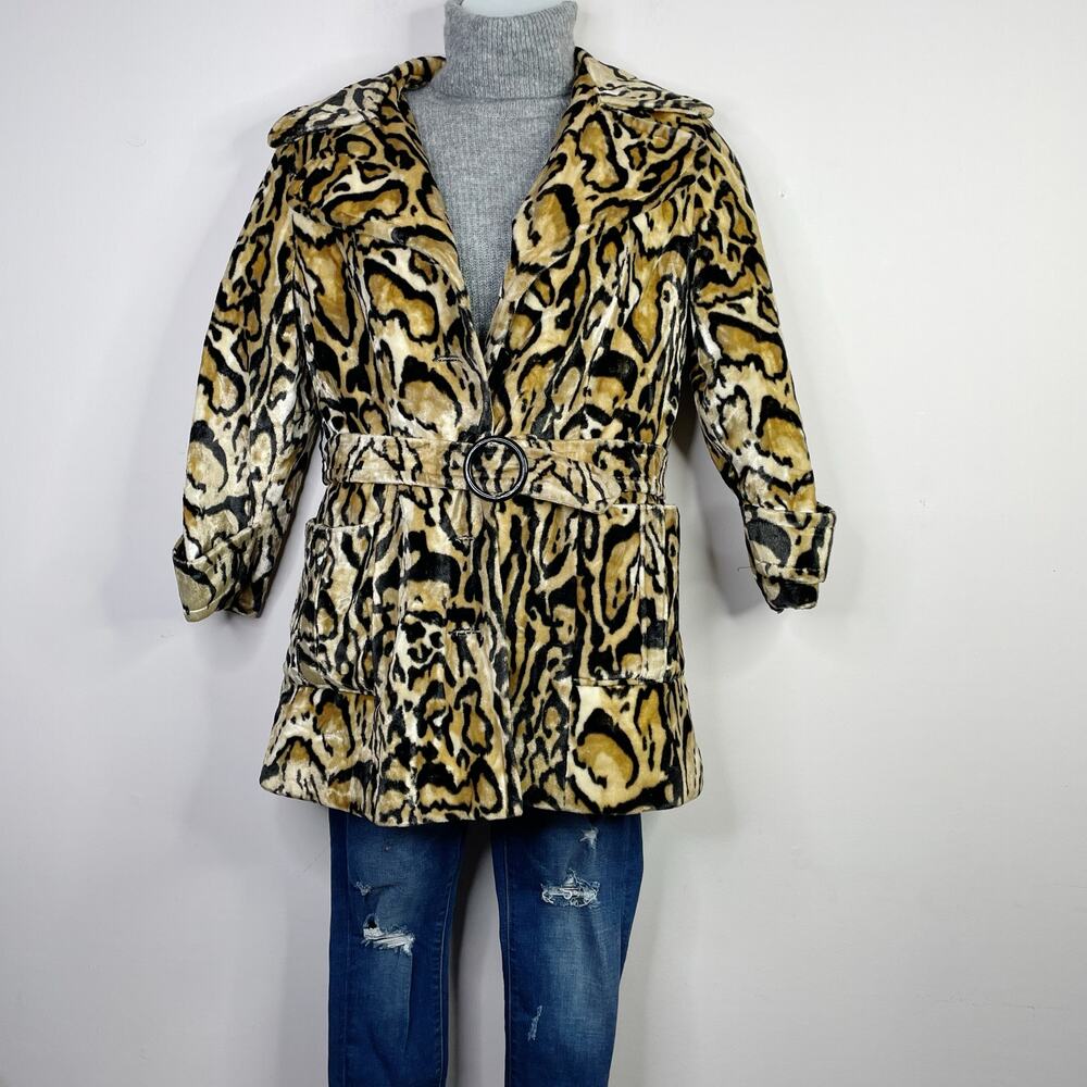 Vintage 60s 70s Glenbrooke Mod Velvet Faux Fur Leopard Ocelot Belted Jacket Coat - Picture 14 of 16
